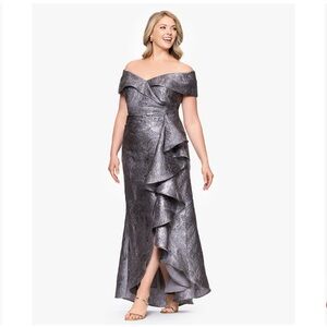 Xscape Metallic Gray Off-Shoulder High-Low Ruffle Gown